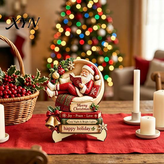 Winter Party Decorations Christmas Wooden Table Sign, 2D Flat Santa Claus/Snowman Reading Desktop Ornament Gift for Family with Stand, Holiday