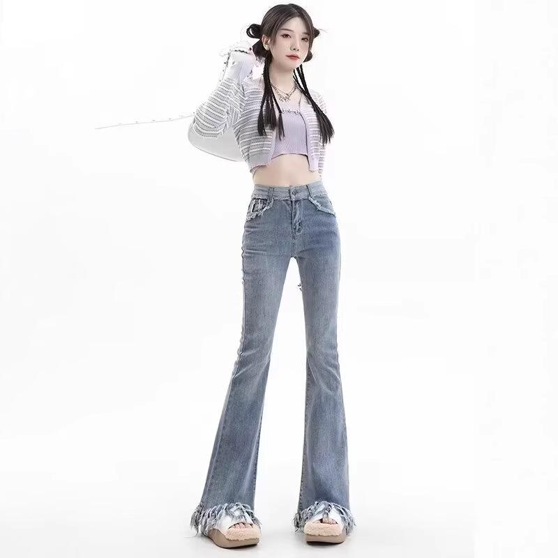

Retro Spicy Girl High Waist Flare Fringe Jeans - Women s Elastic Slimming Horseshoe Mop Pants for Spring and Autumn 3X Large синій