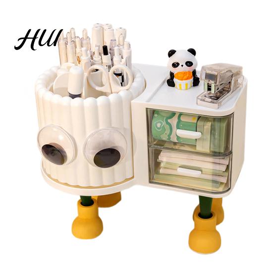 Children Stationery Organizer Cute Rotating Pen Holder with Drawer 2-in-1 Large Capacity Desktop Sorter for Kids Girls Multifunctional Storage