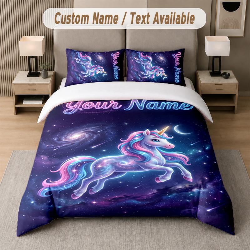 Unicorn Theme Custom Text Or Name 3Pcs Bedding Set 1 Flat Sheet & 2 Pillowcases Personalized Home Bedding