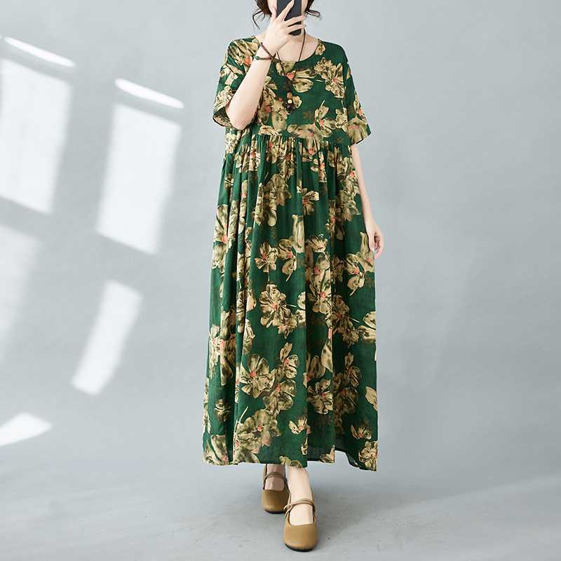 Simple Bohemian Print Dress Short Sleeve Round Neck Summer New Style Elegant Feel Long Dresses Women's Clothing