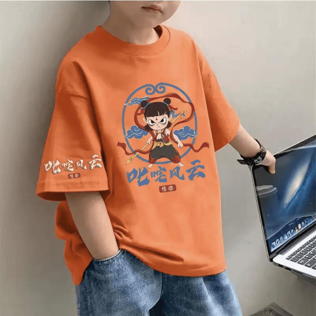 Children's summer new trend cartoon printing handsome short-sleeved round neck cotton body shirt for middle and large children T-shirt