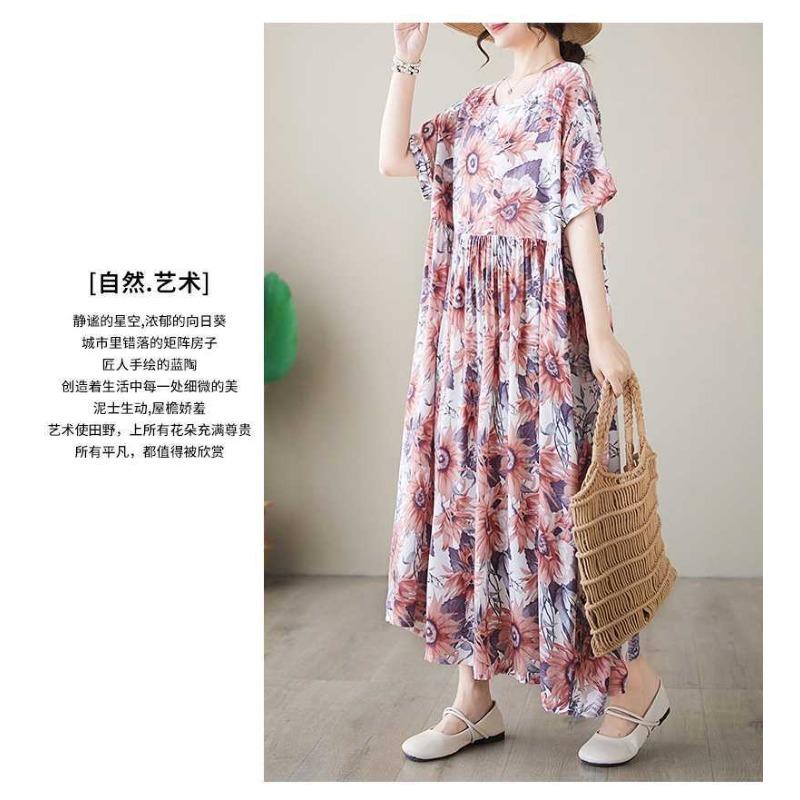 Einfache Mode Sommer Neu Vergrößerte Kurzarm Rundhals Bedruckte Kleider