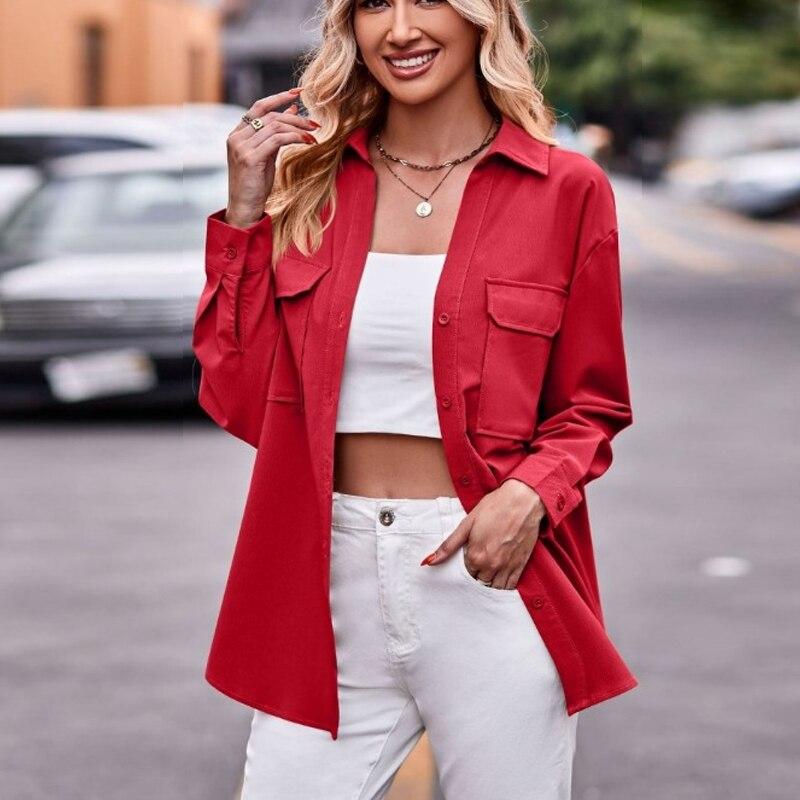 Women Tops Casual Fashion Double Pocket Blouse 2023 Autumn And Winter  Long Sleeve Shirts Solid Color Loose Clothes 28283