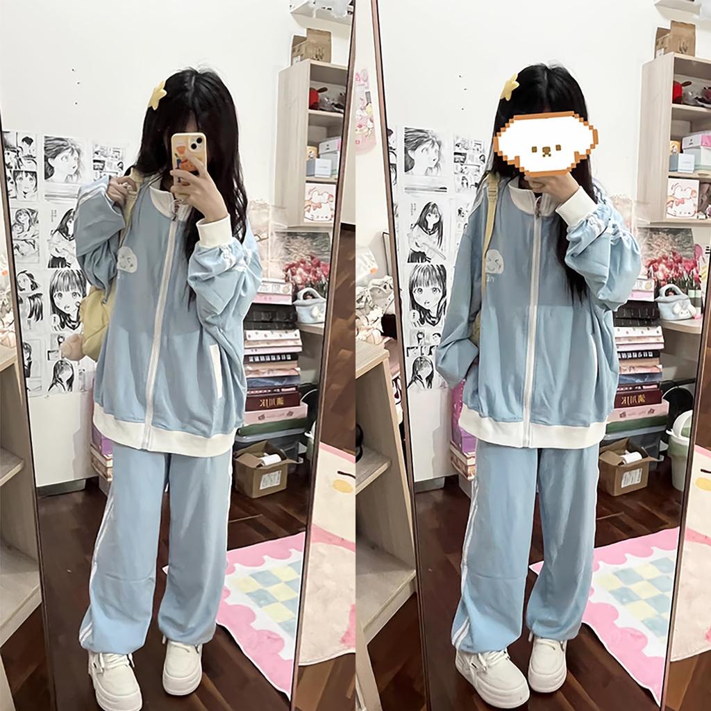 ZYOOFOV Long Sleeve Tracksuit Set with and Front A plus light Women's Stand-Up Collar, Zipper, Embroidery, Opening. subculture-inspired, size, blue,