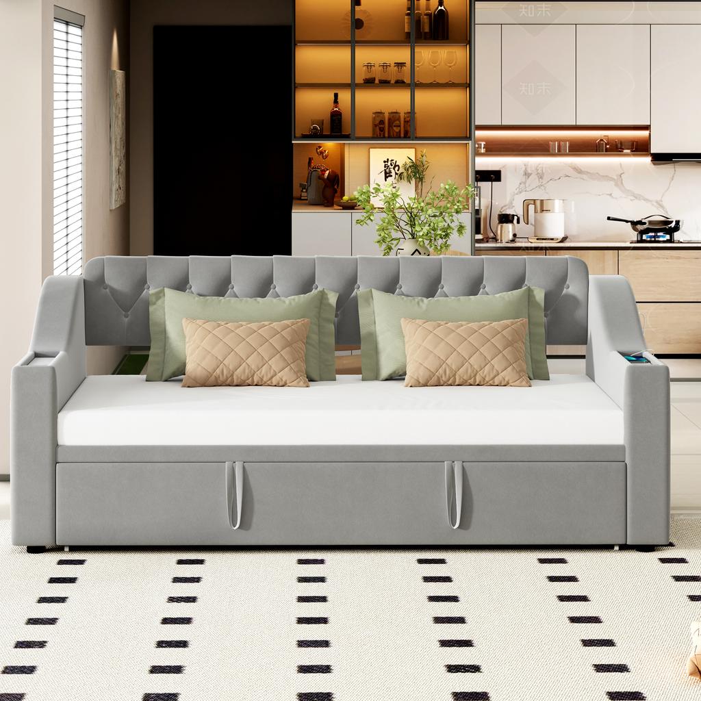 Upholstered Sofa Bed, 90/180*190 Cm, Wider and Thicker Armrests with USB Charging Port, Integrated Storage, with Slatted Frame, Velvet Fabric, Gray