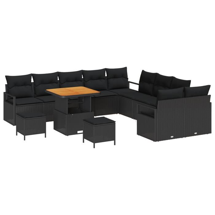 Ensemble de canapés de jardin de 13 pièces avec coussins Noir Poly Rattan Acacia, Canapé de jardin deux places avec coussins 3362579