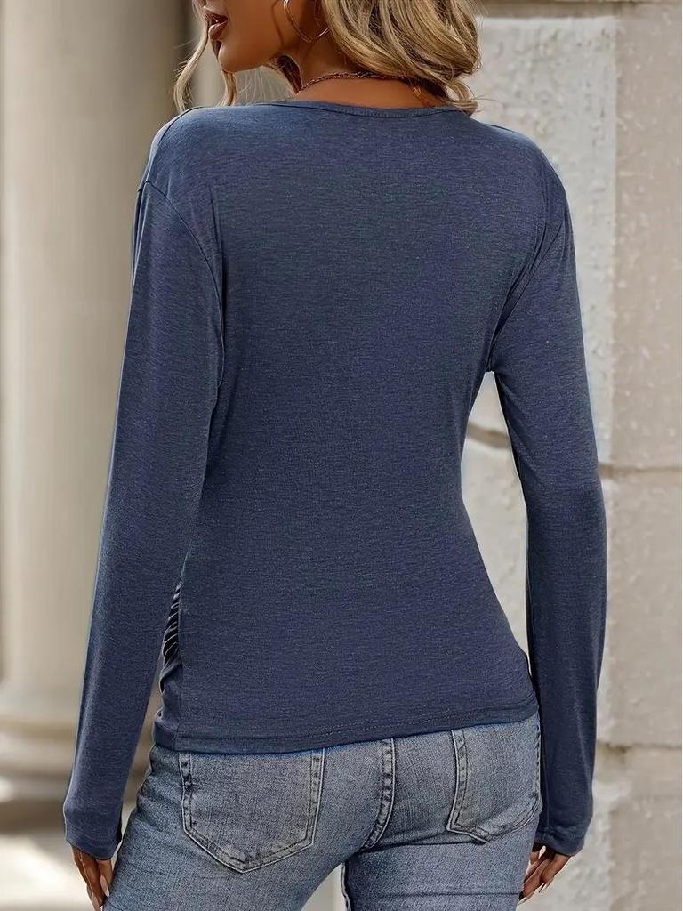 Autumn 2025 Elegant V-Neck Long-Sleeve Solid Color T-Shirt for Women