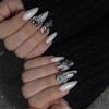 24Pcs Gothic Black Smudge Y2K Flower Almond Press On Nails With Chain Decor Detachable Fake Nails Art