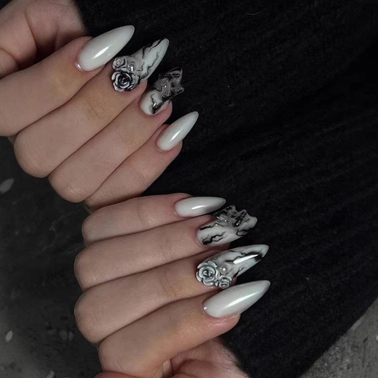 24Pcs Gothic Black Smudge Y2K Flower Almond Press On Nails With Chain Decor Detachable Fake Nails Art