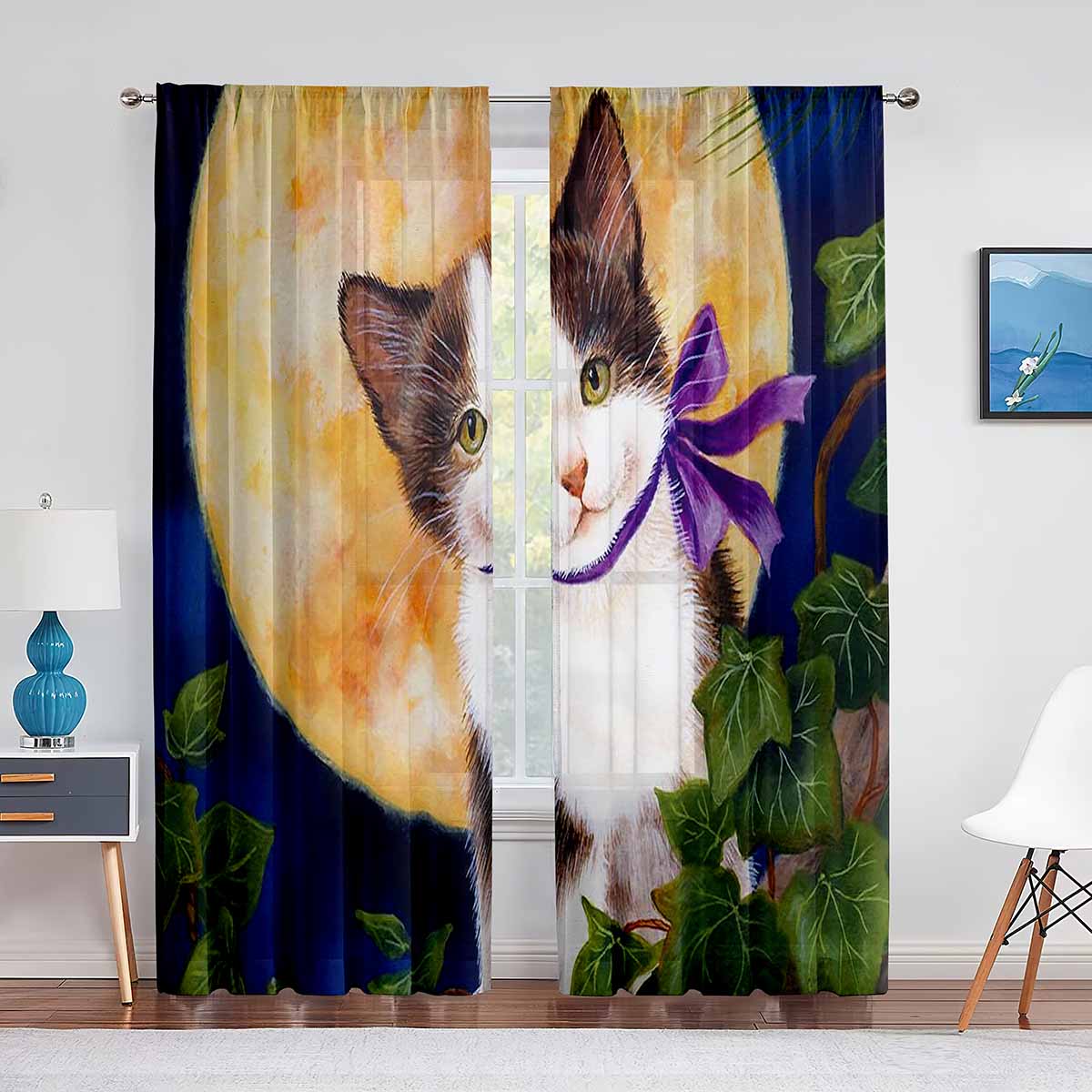 Милый кот акварельная живопись искусство цветочные прозрачные вуали шторы для спальни — фото 9