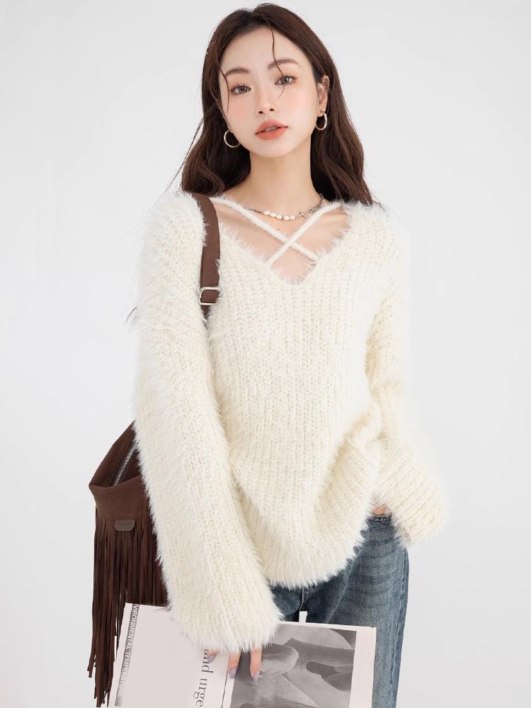 Zimowy sweter z dekoltem w serek dla kobiet Delikatne paski Luźny Słodki Leniwy Styl Pulower Dzianina Irregularny Japoński Styl Moda Dzianinowy Top