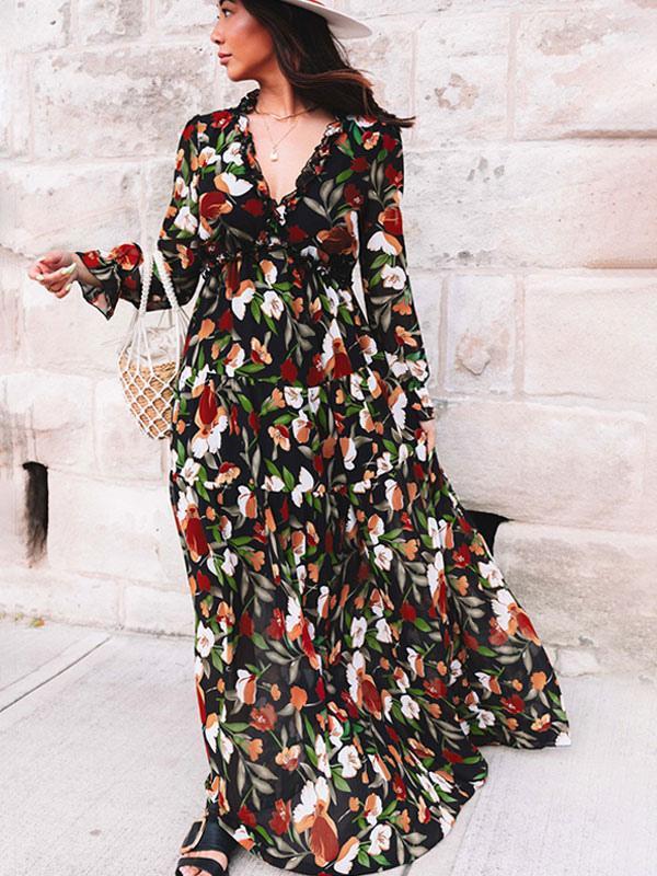 2025 Women's Fashion Long Sleeve Evening Dress - European & American Print Design
