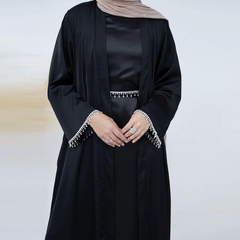 

New Arrival Middle East Dubai Pure Color Fashion Bead Crystal Chain Dress Ethnic Style Dress Set Black Cardigan + Inside + a crystal chain 2XL