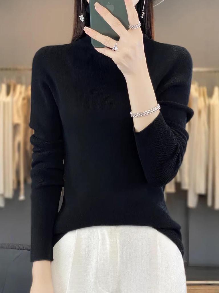 Women's Seamless Ribbed High-Neck Wool Base Layer: Long-Sleeve, Thin, Versatile Knit Top for Spring