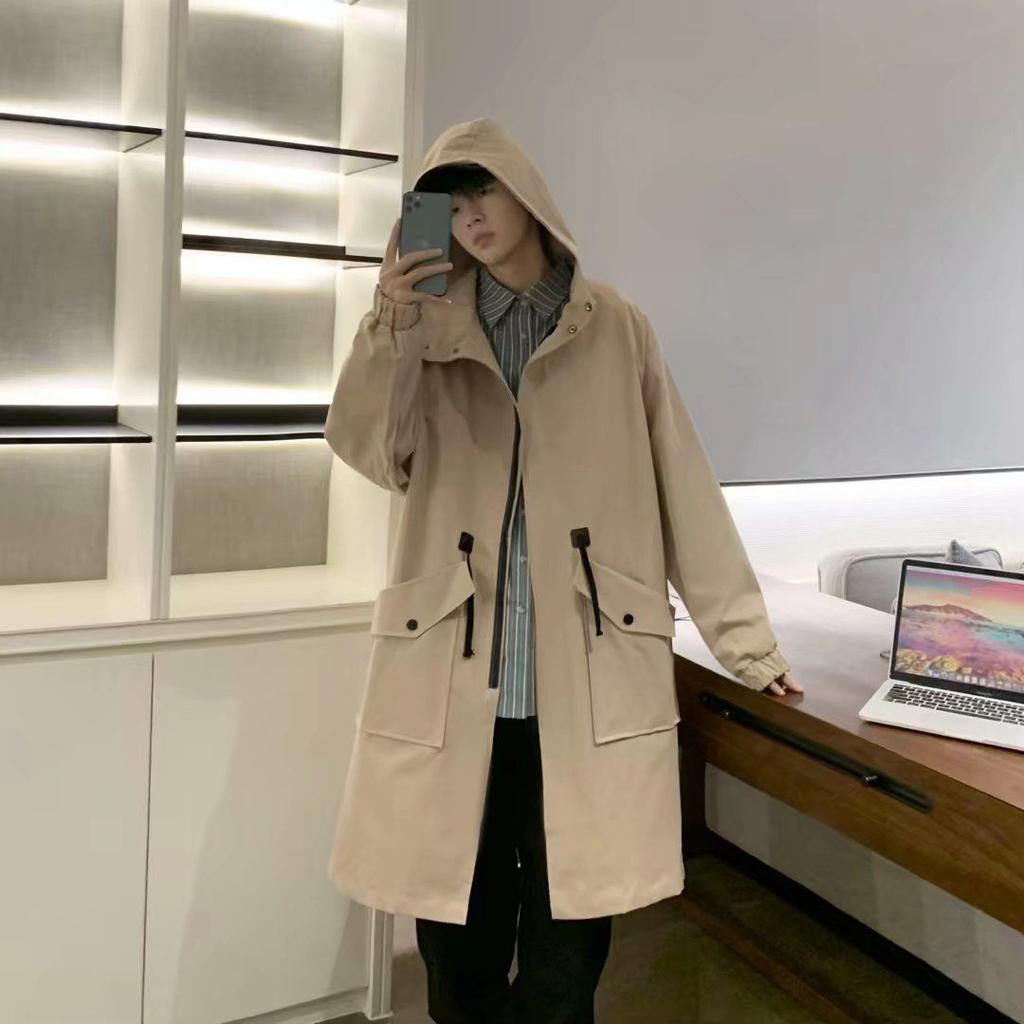 Jarní a podzimní mládežnická větrovka pánská ve stylu Hongkongu středně dlouhá ležérní s kapucí korejská edice trendy pánský kabát