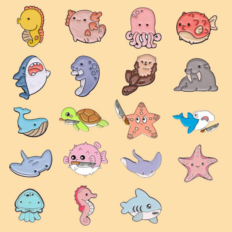Cartoon Underwater Creatures Metal Pin Set: Whale, Starfish, Turtle