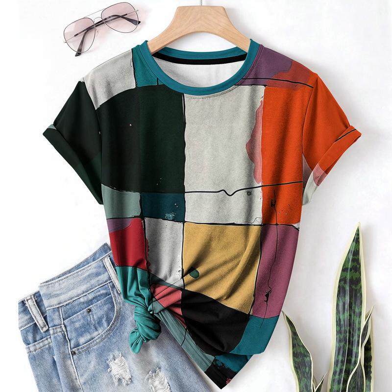 T-shirt da donna estiva a girocollo a maniche corte con motivo astratto stampato in 3D, artistica, leggera, casual e alla moda