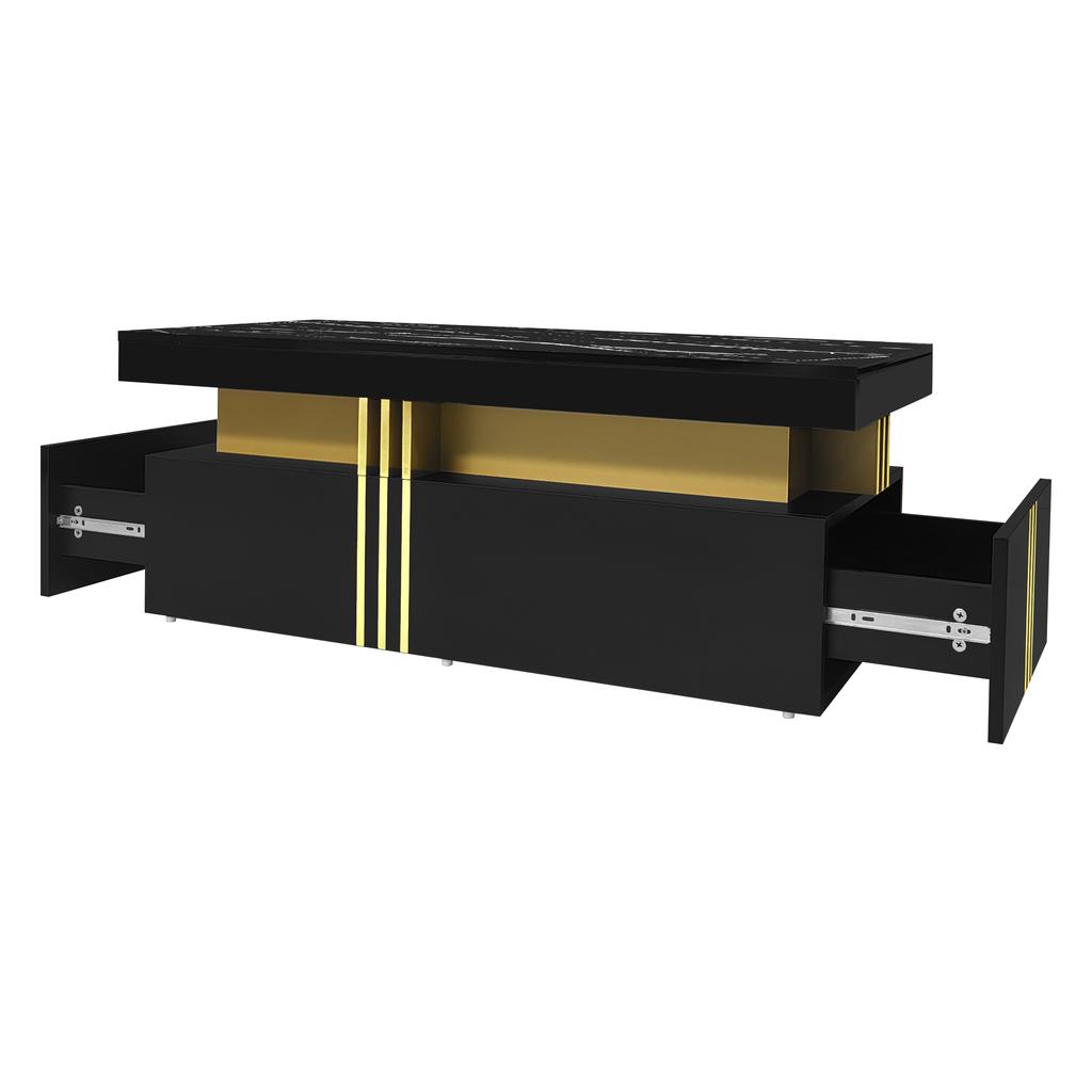 Tavolino Rettangolare Moderno con Piano ad Alta Lucentezza con 2 Cassetti in Legno, Piano Marmo, per Soggiorno, 100*50*40 cm