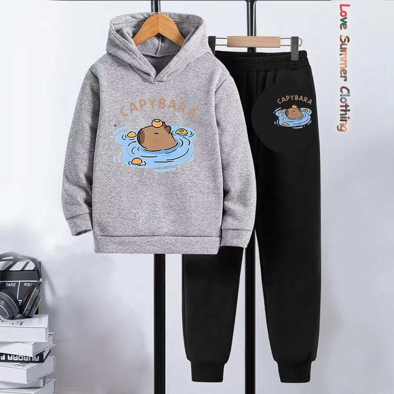Capybara Hoodie 2pcs Boys Kids Cozy Outfit Capybara Playwear Machine Washable Sports Active Boys Perfect Outdoor