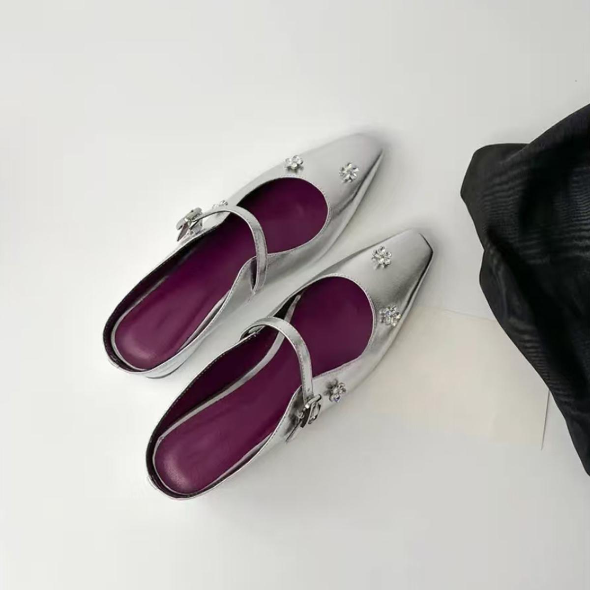 

Blue Cabinet Edition~ French Versatile One-word Button Half Slippers Women s Rhinestone Square Head Inner Height Increase Shallow Soft Leather Baotou 35 серебряный