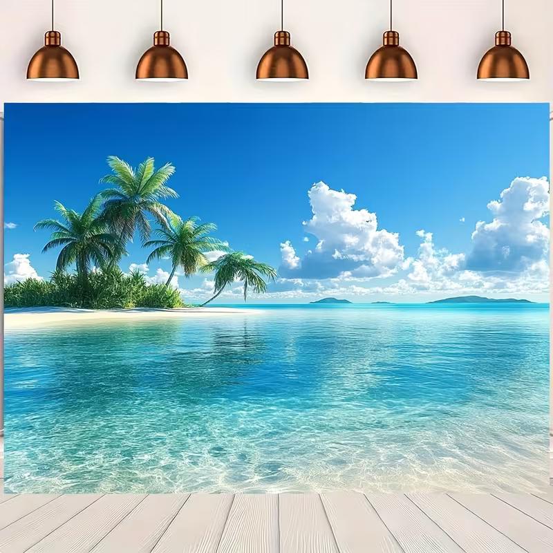2D Ocean View Banner, Clear Blue Water and Tropical Palm Trees