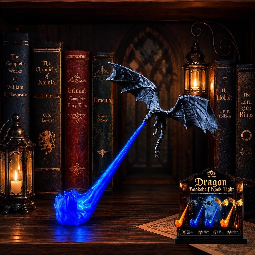 3D Fire-Breathing Dragon Bookshelf Nook Light Shelf Decor Flying Dragon Design Book Lover Gift Halloween Shelf Display