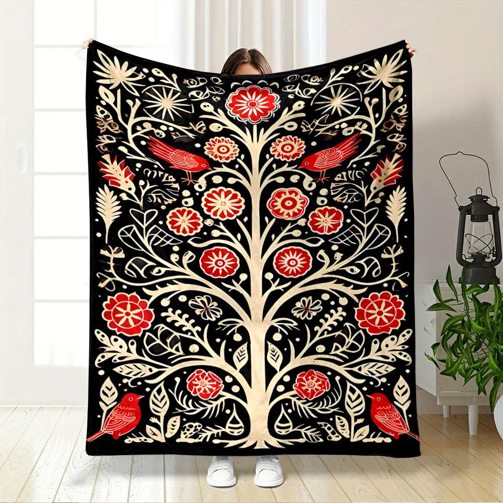 Red Floral Bird Pattern Blanket for all seasons blanket lunch break throw gift