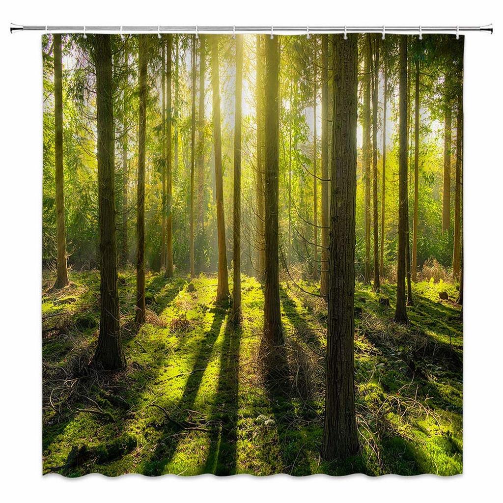 Dschungel Duschvorhang Tropischer Regenwald Palmenblatt Waldbaum Natur Sommer Landschaftliches Badezimmer Dekorationsset mit Haken