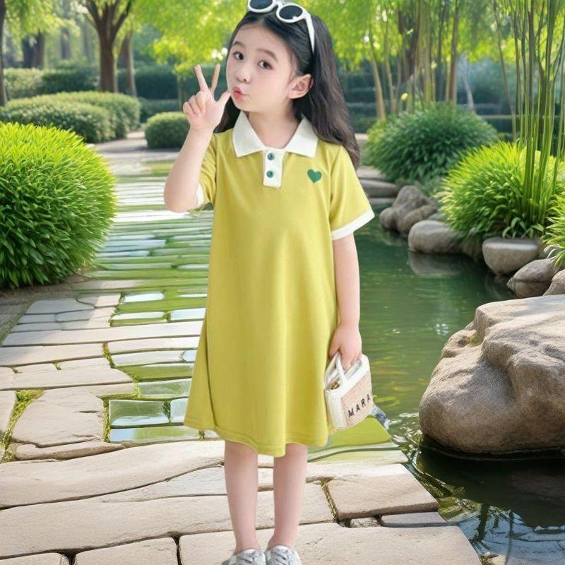 Girl Polo Dress Summer Girls Casual Pure Color Polyester Breathable