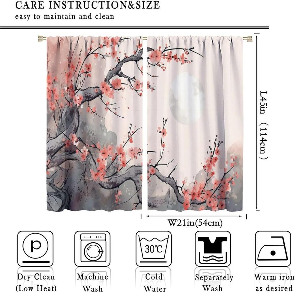 Cherry Blossom Curtain Red Plum Floral Japanese Watercolor Flower Aesthetic Blooming Asian Traditional Ink Painting With Room Darkening Polyester