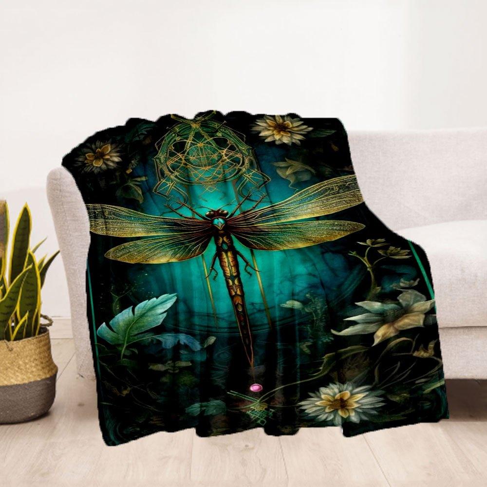 "Golden Dragonfly Fantasy Art Print - Nature's Beauty on Canvas"Blanket Flannel Throw Blanket for Sofa, Bed, Travel, Camping, Office, Couch,