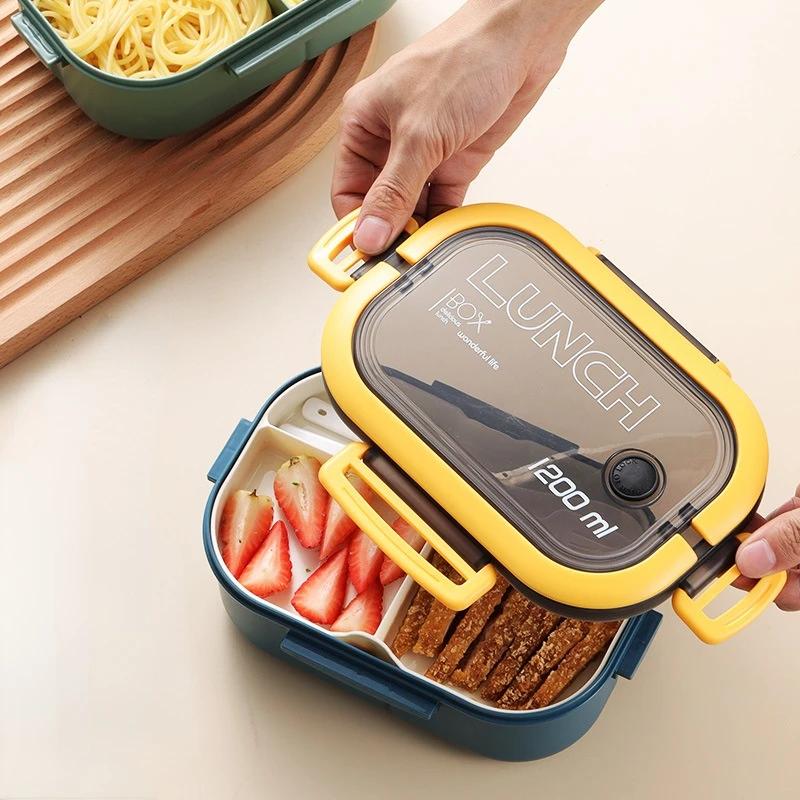 Portable Hermetic Lunch Box, 2 Layer Grid, Student Bento Box with Fork Spoon, Leakproof, Microwavable, Prevent Odor, School