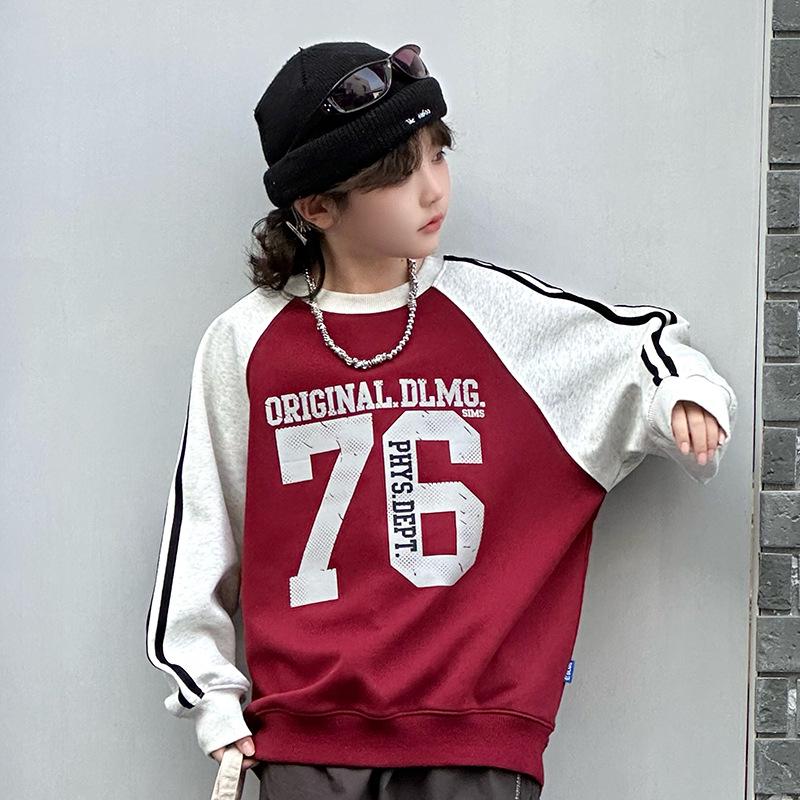 Spring 2026 Boys Sweatshirt: Trendy Color Block Casual Sports Top for Medium & Large Children 120cm малиновый