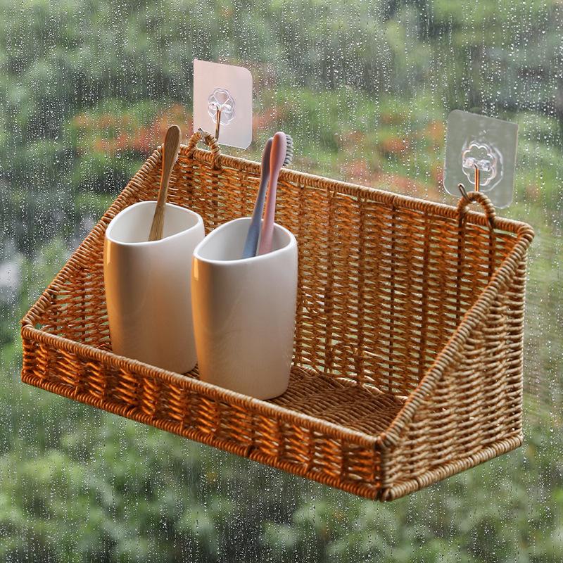 Wall Mounted Woven Storage Basket Punch Free Bathroom Organizer Imitaion Rattan Floating Shelf Toiletries Cosmetics Storage Rack with Adhesive Hooks