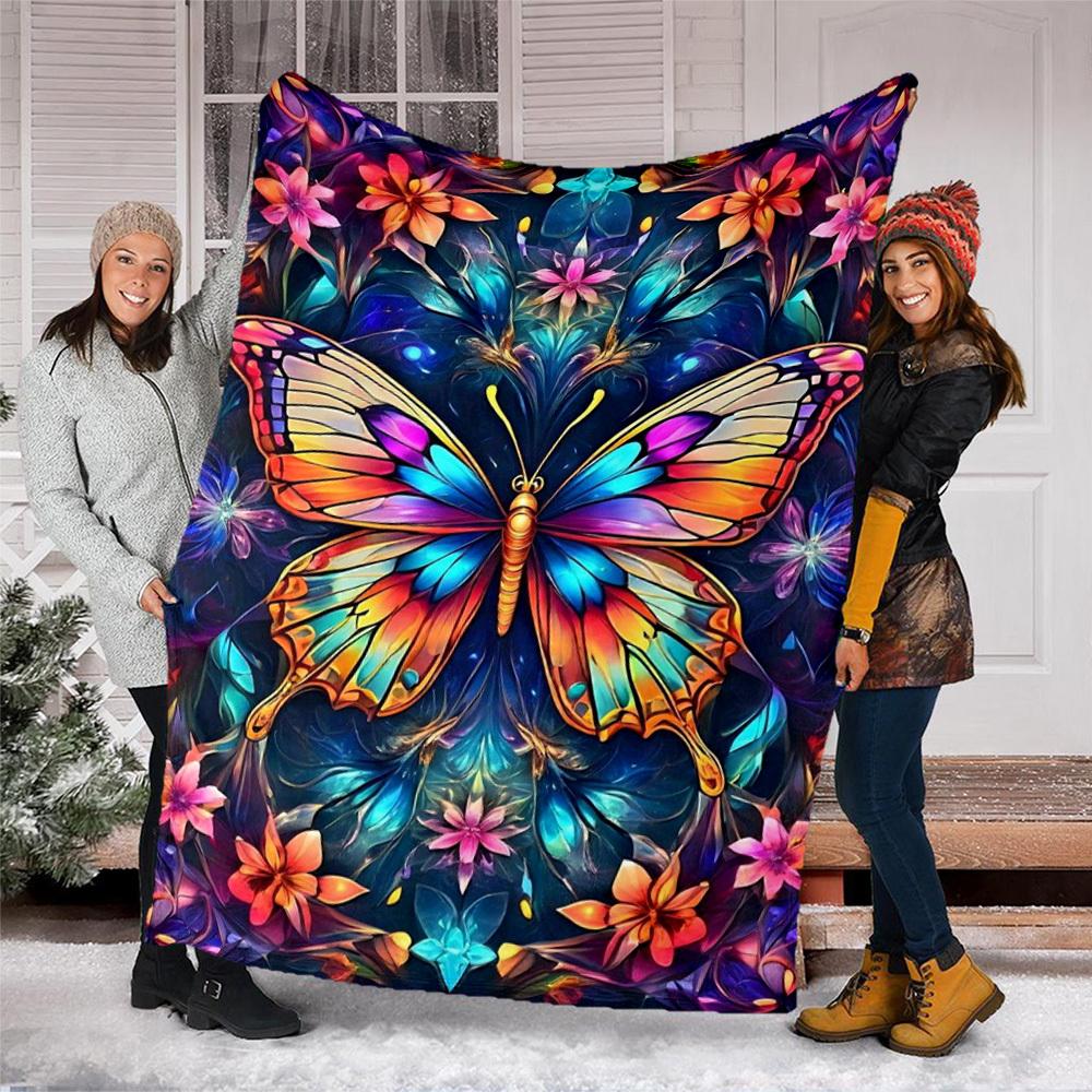 1pc Butterfly Flowers Throw Blanket Polyester Fiber, Lightweight Flannel, Soft & Warm, All Season Use for Outdoor, Camping Digital Print