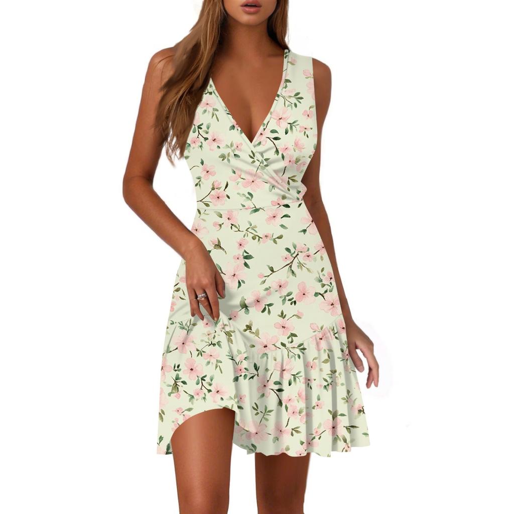 Ladies Casual Fashion V-Neck Sleeveless  Print Dress