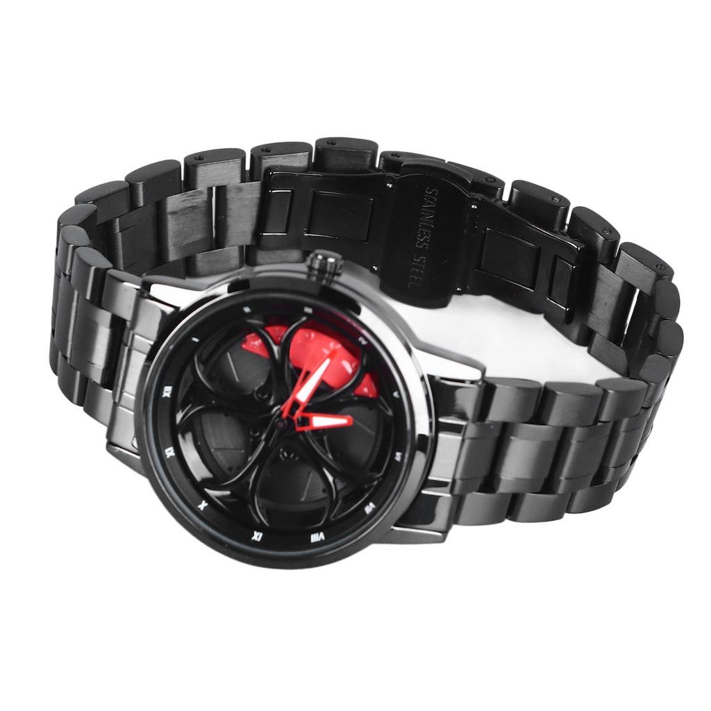 Ceas de mână cu roată de mașină cu mecanism japonez cu cuarț, brățară rotativă din oțel inoxidabil, ceas cu jantă de mașină rotativ inspirat de mașini de curse