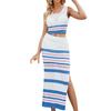 Two Piece Skirt Set for Women Striped Bodycon Slit Midi Skirt And Sleeveless Crop