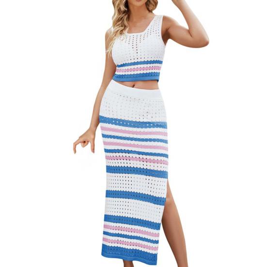 Two Piece Skirt Set for Women Striped Bodycon Slit Midi Skirt And Sleeveless Crop