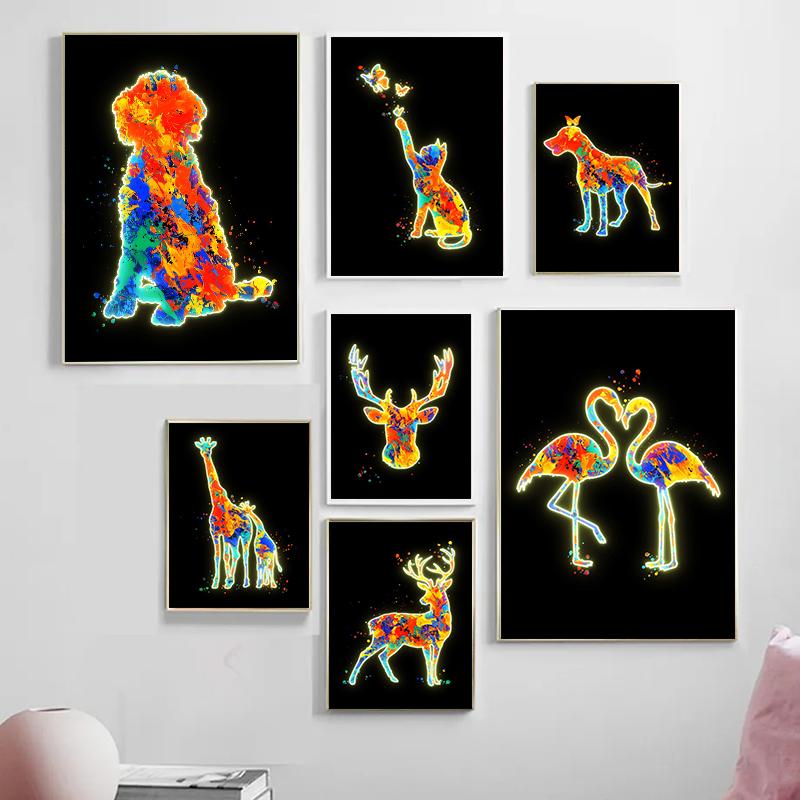 Neon-Design, niedliche Tiere, Poster, Leinwandgemälde, Flamingo, Hirsch, Giraffe, Katzen, Wand-Kunstdruck an der Wand, modernes Kinderzimmer-Dekor