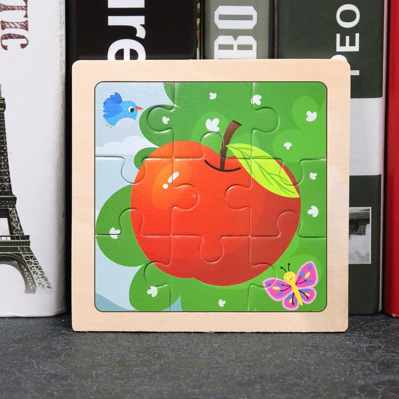 11x11cm Baby Montessori Spielzeug Holzpuzzle Cartoon Tier Frucht Fahrzeug 3D Puzzle Spiel Pädagogisches Legespielzeug für Kinder