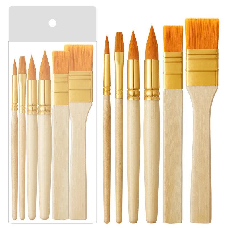 Original Wood Handle Short Brushes - Set of 6 for Watercolor, Acrylic, and Oil Painting