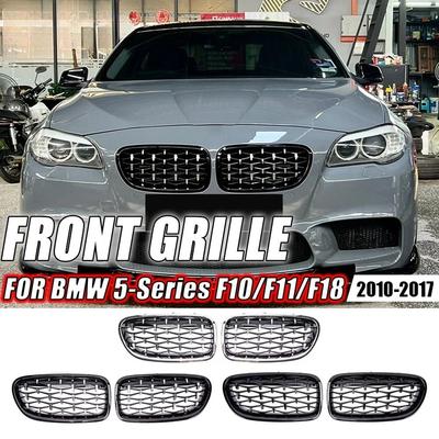 För BMW 5-serie F10 F11 F18 2010-2017 528i 535i Silver Diamantstil Övre Racinggaller Främre Bumper Dubbla Ribbor Gitter