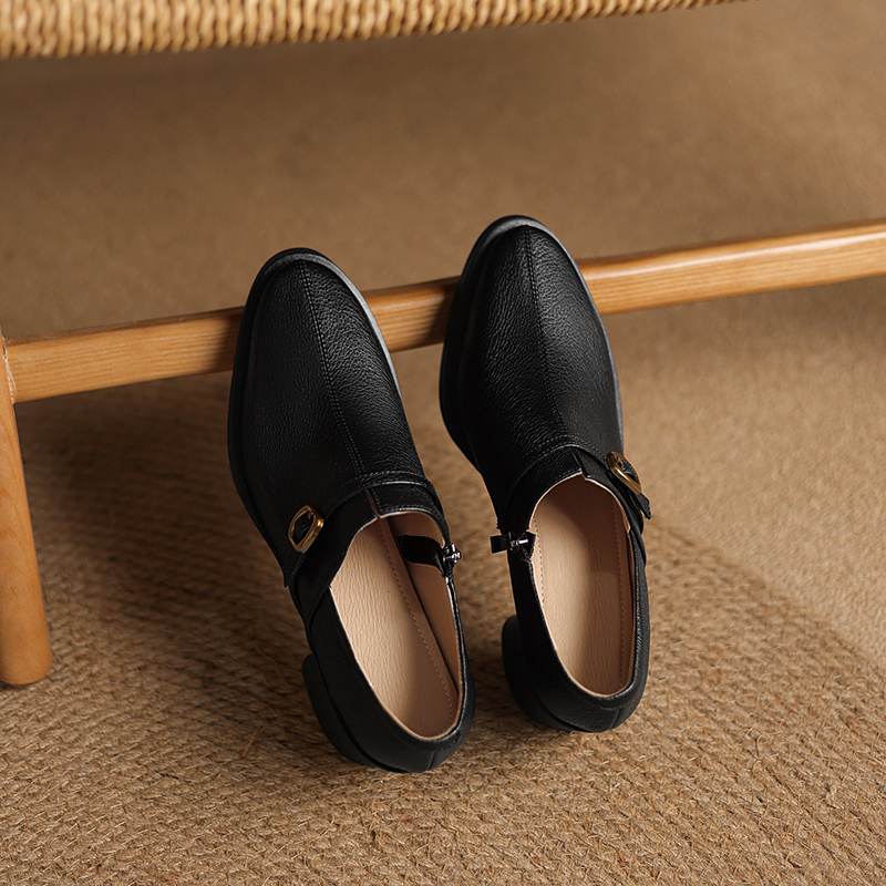 Krazing Pot Cow Skin Autumn Winter Shoes Chunky Heels Size 43 Size 42 Round Toe Zipper Deep Mouth Retro Fashion Pumps