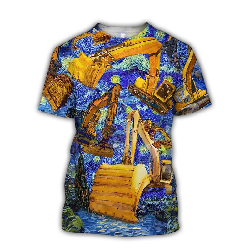 Excavator 3D Print T-shirt For Men Machinery Operator Stripe Short Sleeve Breathable Loose T Shirts Outdoor Summer Work Clothes