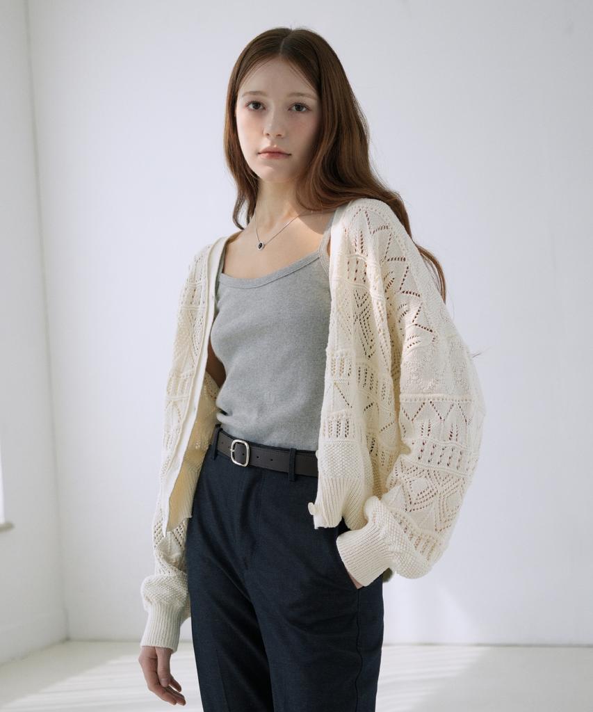 VLETI [Cotton 100%] Pointelle V-Neck Cardigan (Cream)