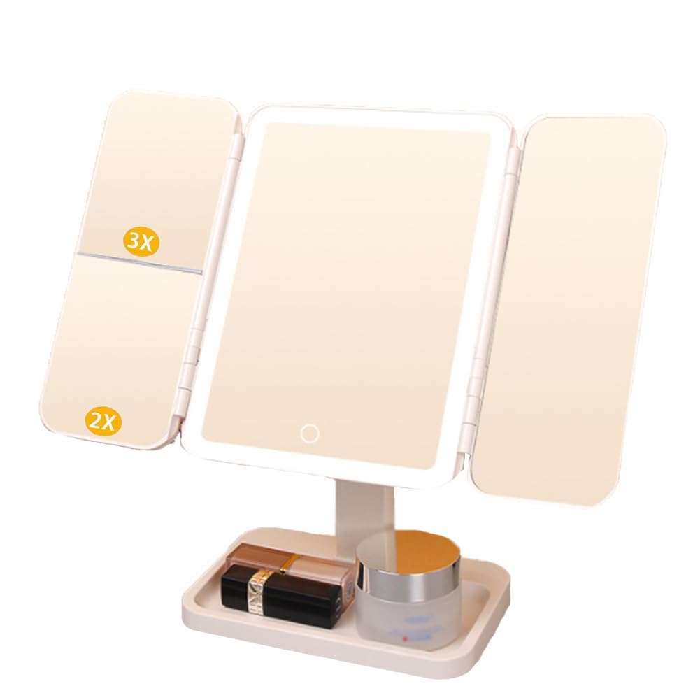 

Зеркало для макияжа со светодиодной подсветкой, настольное, 3 цвета, USB, сенсорное управление, память, белое зеркало, трехсторонняя подсветка, зеркало, зеркало, 2-кратное/3-кратное увеличение, переключение, Type-C белый