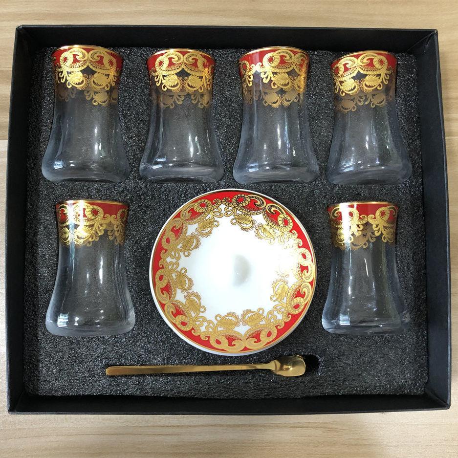 6 Ensembles Tasses à Thé Turques Tasses Ensemble Soucoupes avec Cuillère Tasse à Café Romantique Exotique Tasse à Thé en Verre Décoration de Cuisine Boîte Cadeau