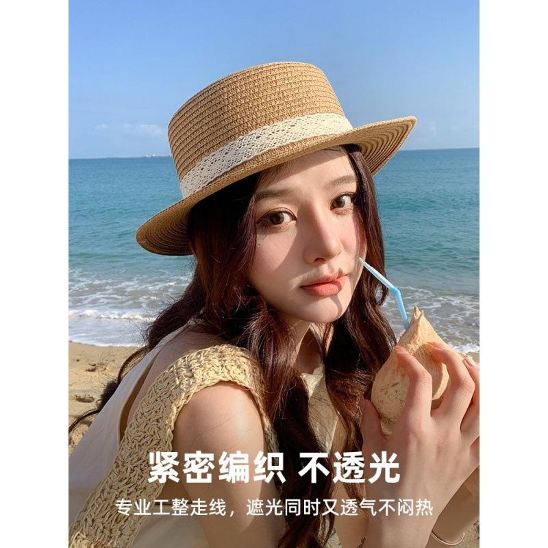Flat Top Hat Female Internet Celebrity Crochet Top Hat Summer Big Brim Visor Hat Seaside Vacation Woven Bucket Hat